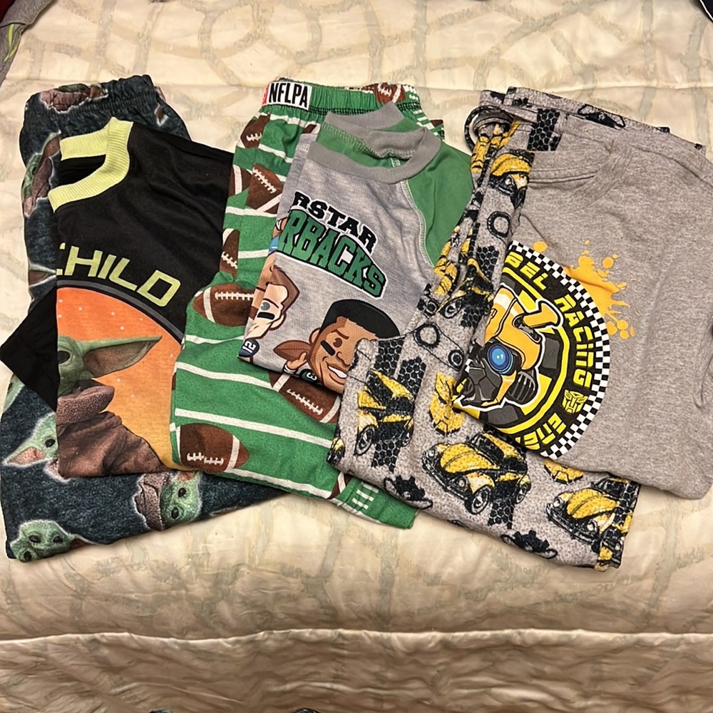 Lot of 3 Star Wars Grogu, Transformers,and NFL pajamas, youth size 10-12